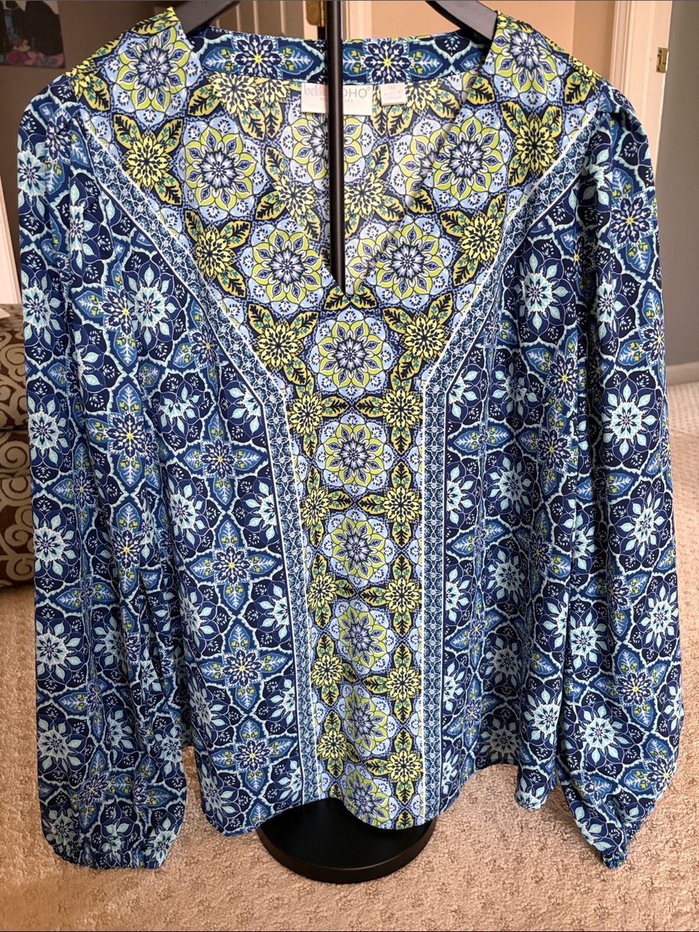 Belle by Kim Gravel Blue and Yellow Printed V-Neck Blouse